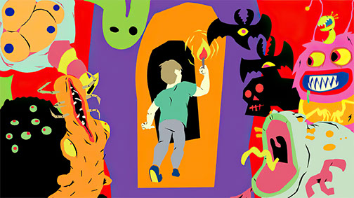 Photo of colorful illustration of male figure holding a torch floating with fanciful figures by Aaron Avila. Titled Spring 2020 Demo Reel.