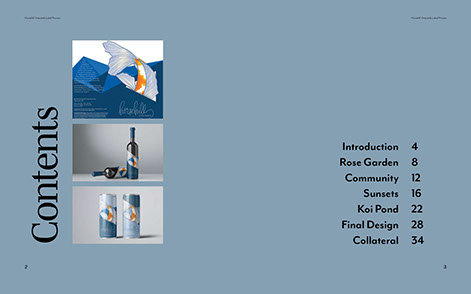 Photo of Table of Contents page for Packaging Design and Layout by Rachel Stelzer for Polykroma 2021. Title Horsehill Vineyards Wine Label.